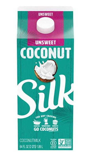 coconut milk in a large teal carton on white background