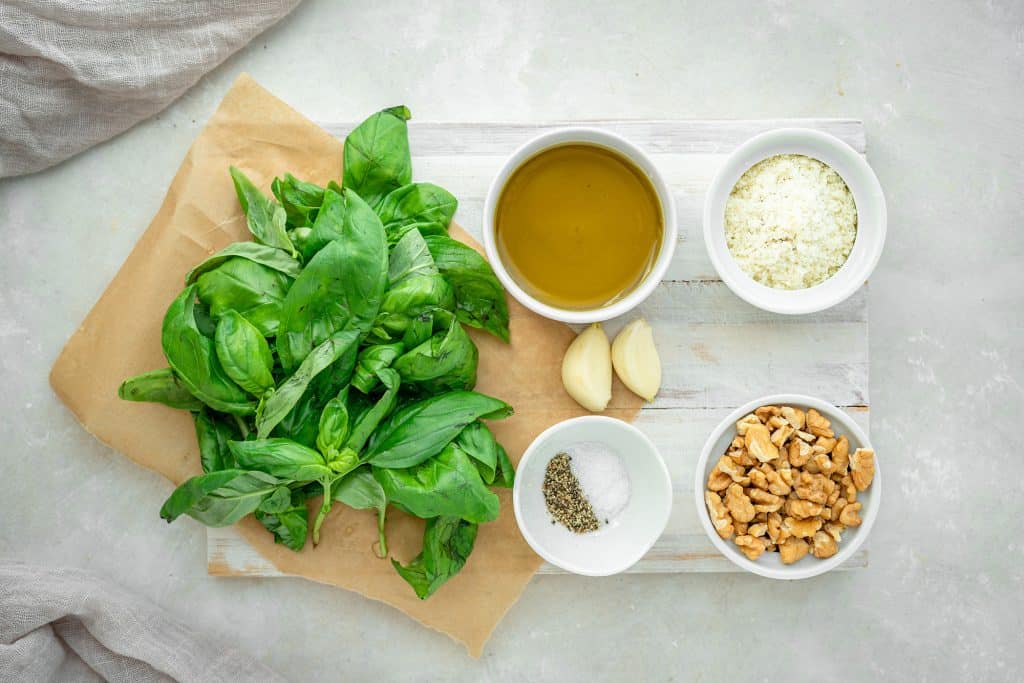 Keto Pesto ingredients on a cutting board