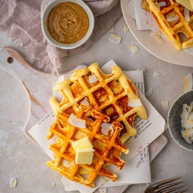 Butter protein waffles next to toppings