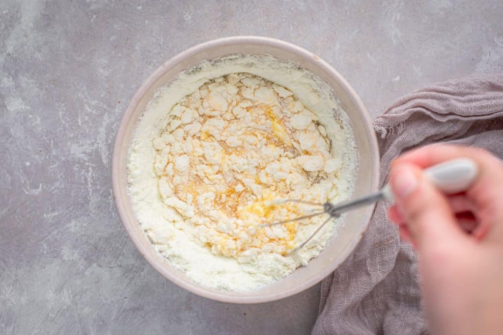 protein waffles Mixing the dry ingredients into the wet