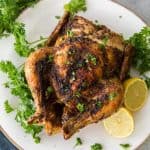 Vertical shot of plated air fryer chicken