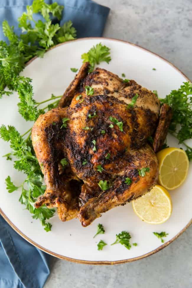 Vertical shot of plated air fryer chicken