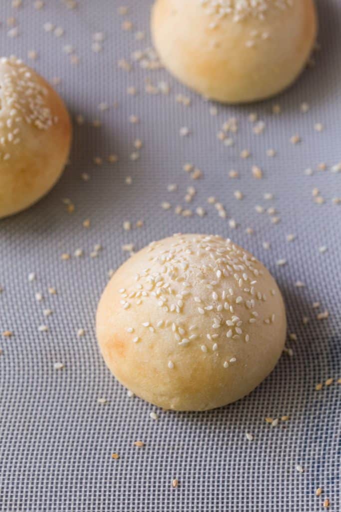 Keto Hamburger Buns The baked hamburger buns out of the oven