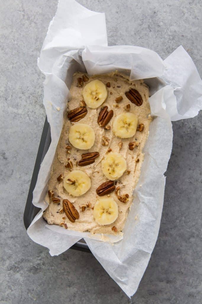 Keto Banana Bread banana bread topped before going into the oven