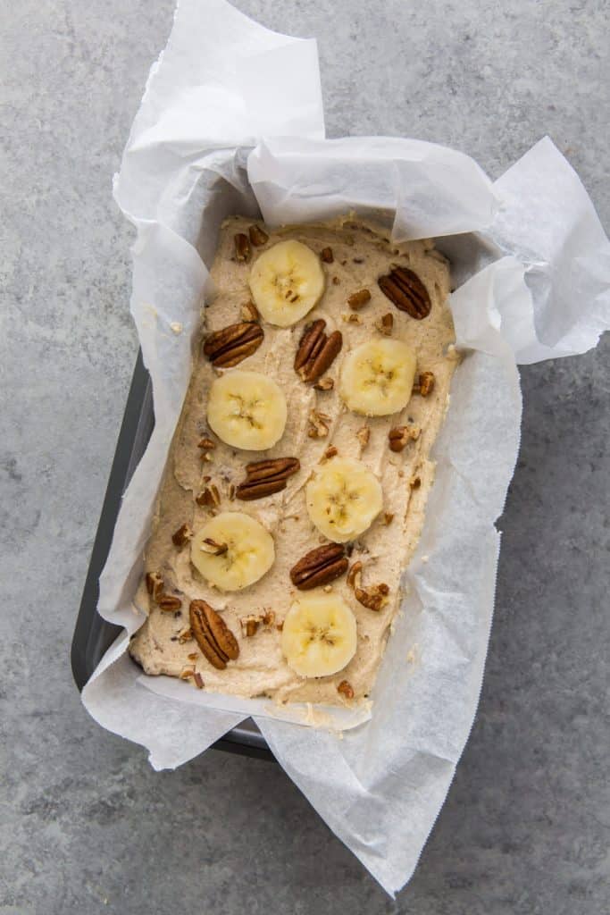 banana bread topped before going into the oven