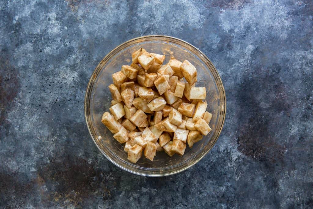 Keto Apple Crisp jicima coated in cinnamon and xanthan gum
