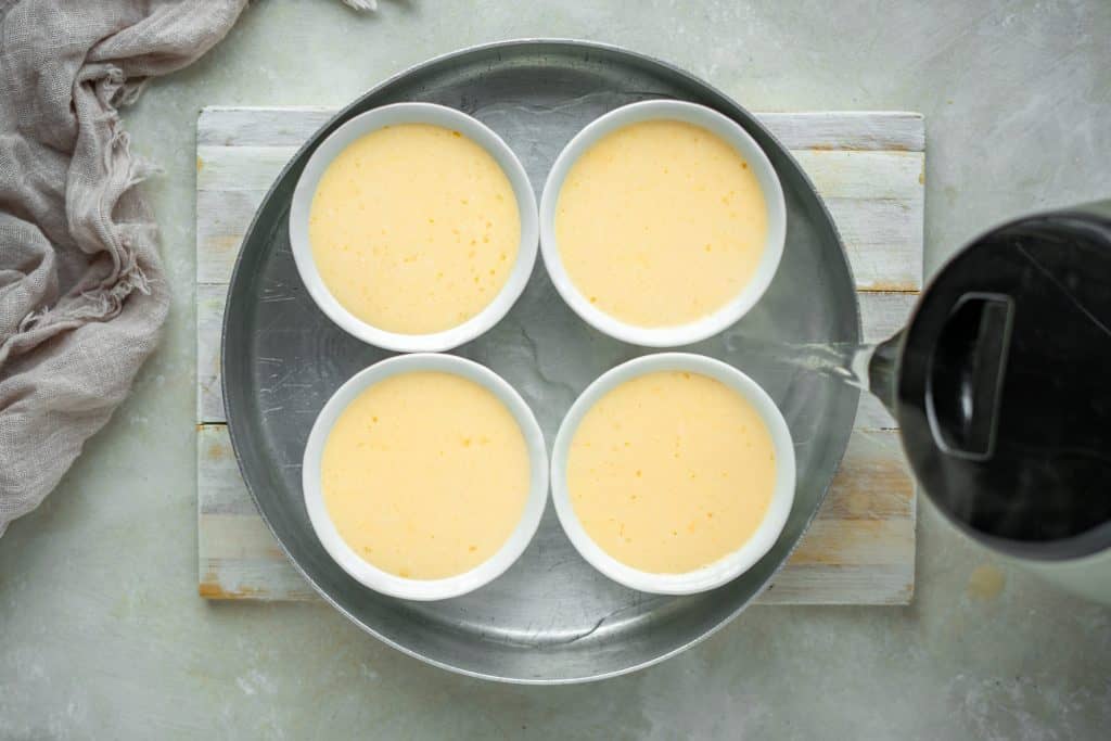 metal baking dish with boiling water keto custard