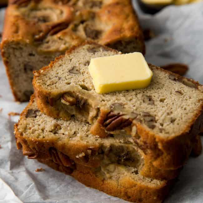 Keto Banana Bread head on shot of stacked banana bread