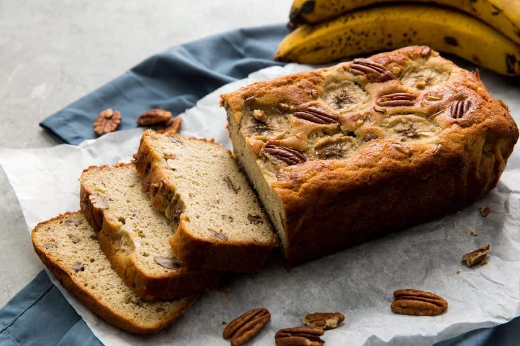 Keto Banana Bread A full loaf of keto banana bread ready to serve