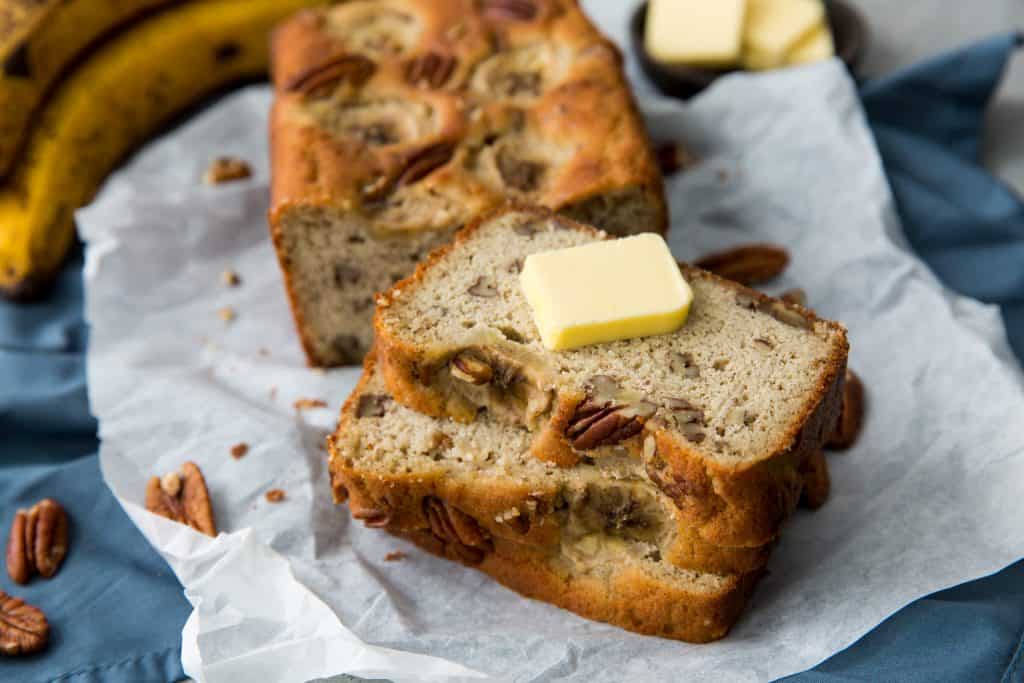 keto banana bread slices stacked. 