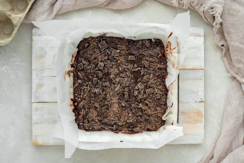 Brownie batter in a baking dish