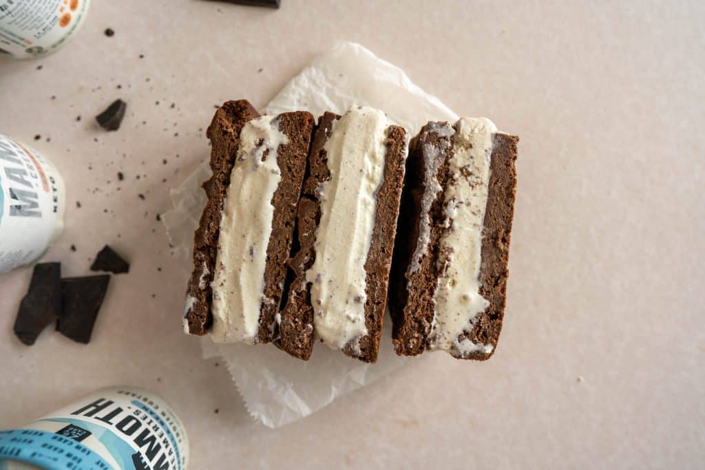 Keto Ice Cream Sandwich overhead shot of three ice cream sandwiches on parchment paper