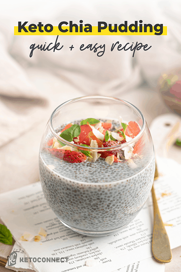 overnight chia pudding in glass cup with spoon on white napkin