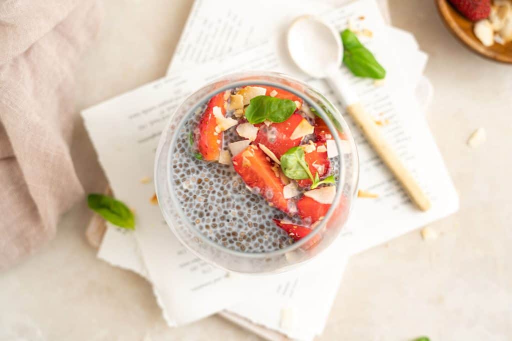 keto chia pudding Overhead shot of finished chia pudding
