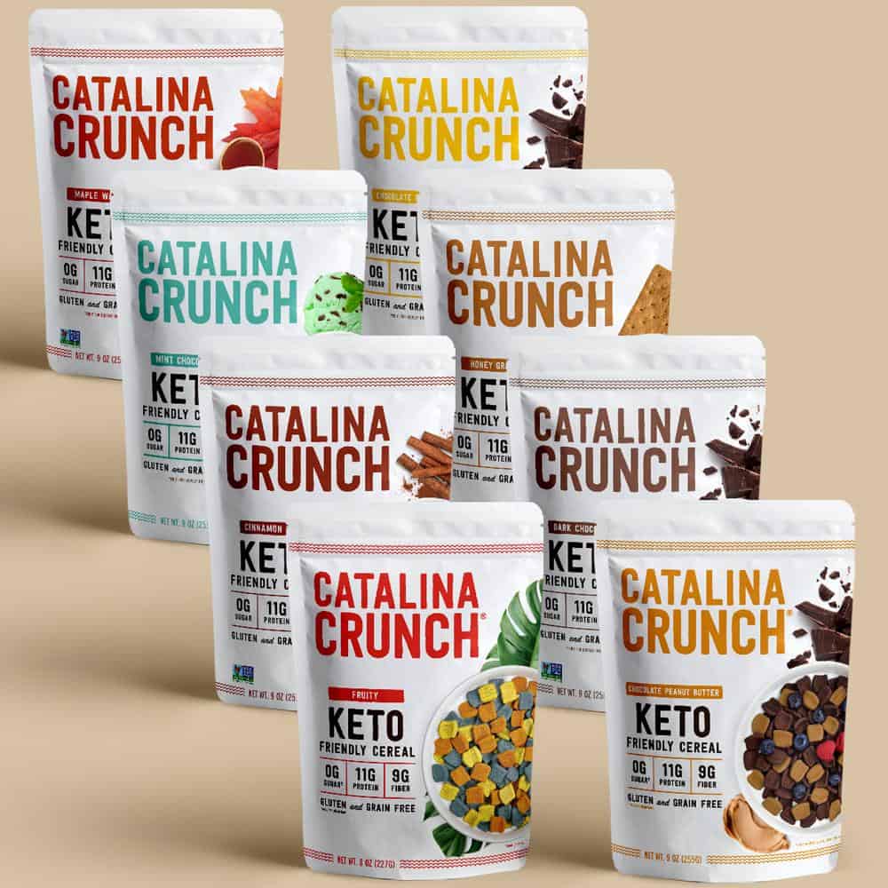 Catalina Crunch Cereal. All 8 Flavors lined up in two separate rows