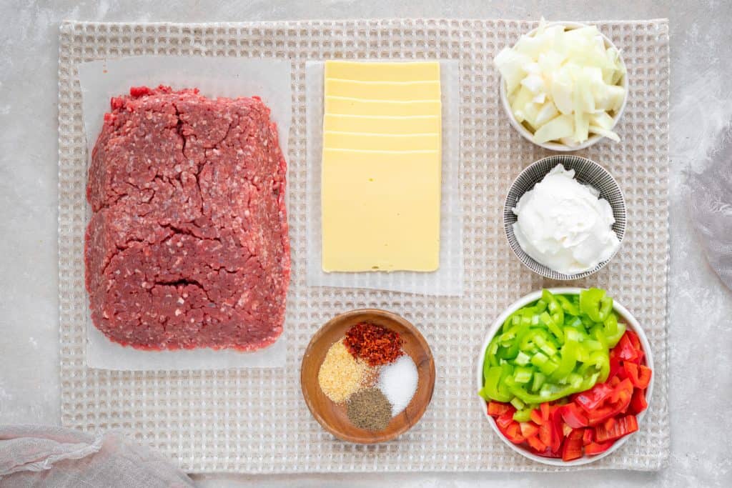 Ingredients to make Philly cheesesteak casserole