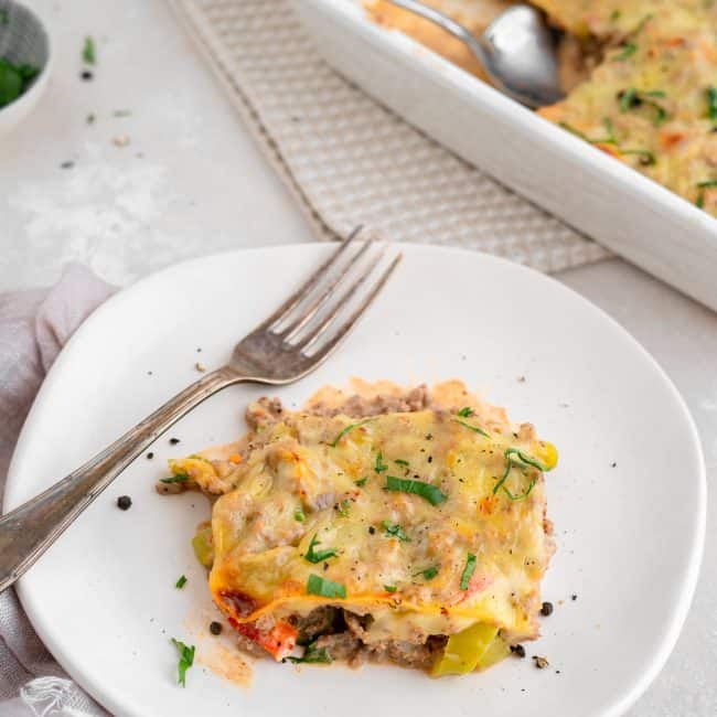 Philly cheesesteak casserole A slice of cheesesteak casserole