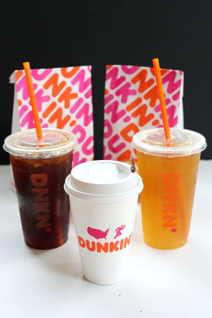 One hot and two iced dunkin drinks