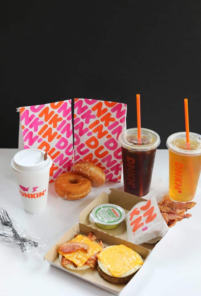 Dunkin Donuts breakfast foods in a spread