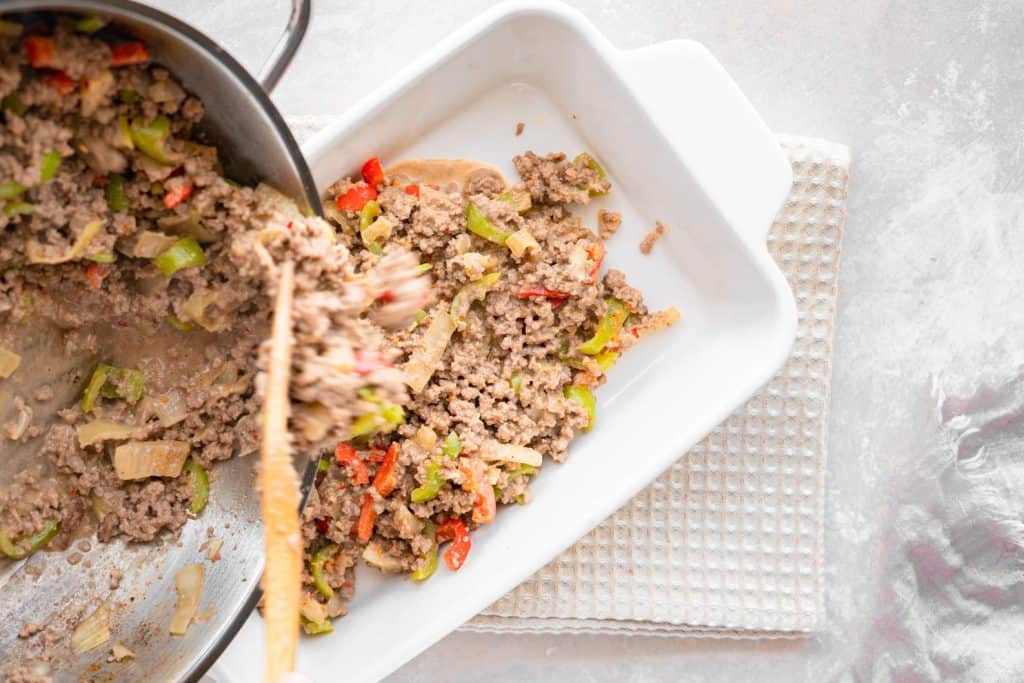 Philly cheesesteak casserole Transferring philly cheesesteak casserole into a baking dish