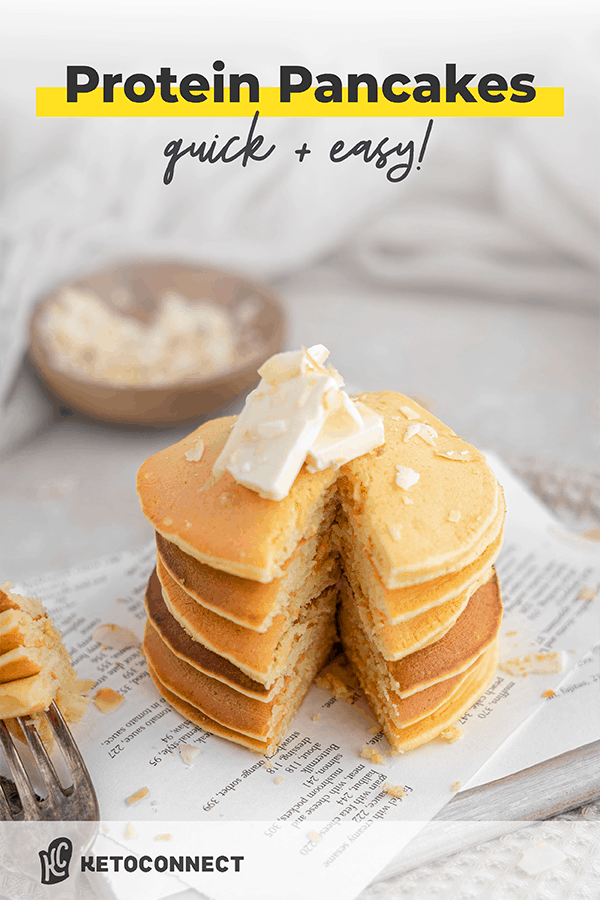 keto protein pancakes on a tablecloth with butter on top