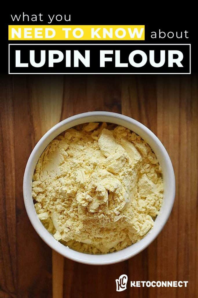 Lupin Flour Ground lupin flour in a white bowl with text that says "what you need to know about Lupin Flour"