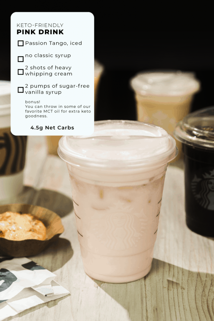 keto starbucks clear cup with pink liquid inside with other coffee drinks in the background