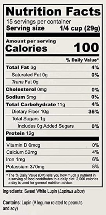 Lupin Flour Full nutritional label for Anthonys Lupin Flour