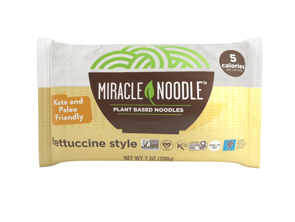 Miracle Noodle Reviews Fettuccine Style Miracle Noodles in a yellow and white package