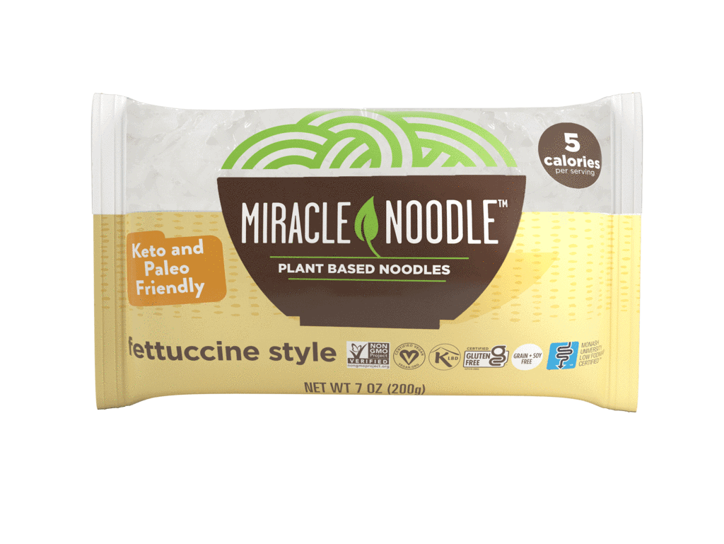 Fettuccine Style Miracle Noodles in a yellow and white package