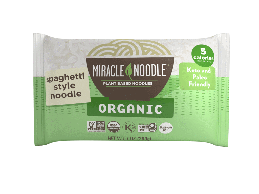 Miracle Noodle Reviews Spaghetti Style Miracle Noodle in a green and white package.