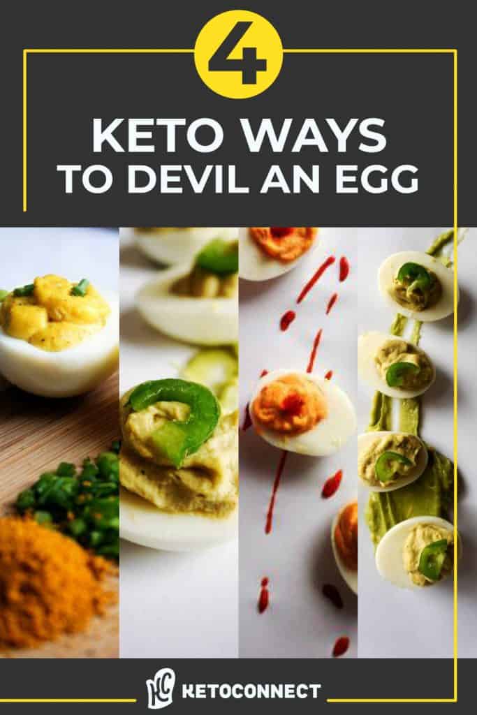 Four vertical pictures of variations of deviled eggs