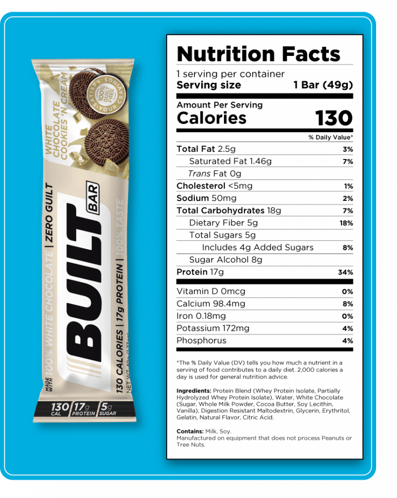 Built Bar Reviews Nutritional label for the white chocolate cookies and cream built bar.