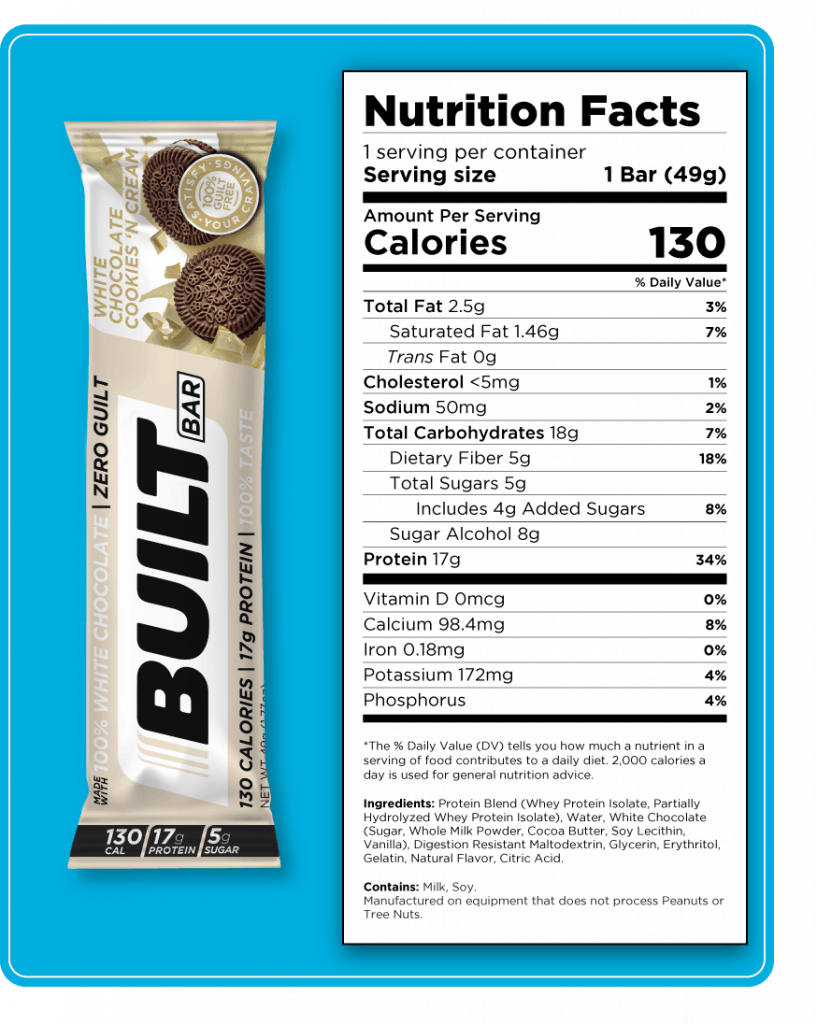 Nutritional label for the white chocolate cookies and cream built bar.