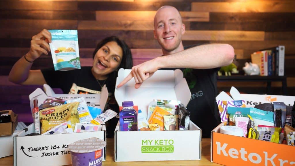 matt and megha in front of different keto subscription boxes