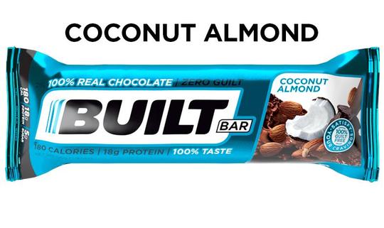 Single Built bar in a blue package, coconut almond flavor