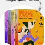 Four boxes of Magic Spoon cereal stacked behind each other.