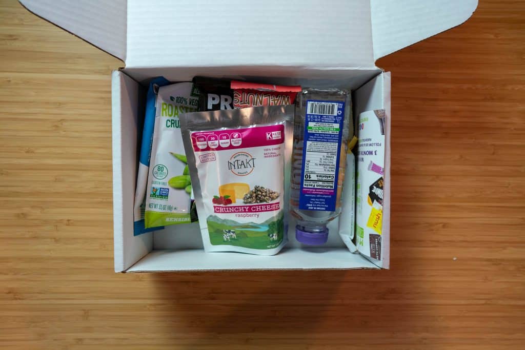 opened my keto snack box with packaged goods inside