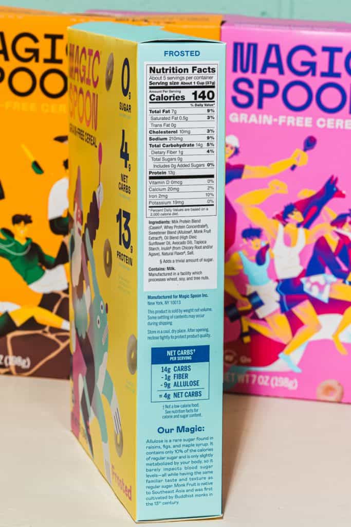 side of a cereal box showing the nutrition panel and ingredients