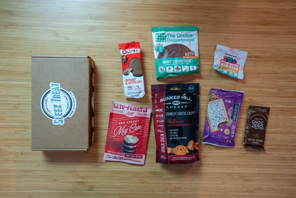 best keto subscription box contents of the sleek treat box on a table