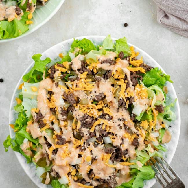 keto salad A close up shot of big mac salad in a white bowl