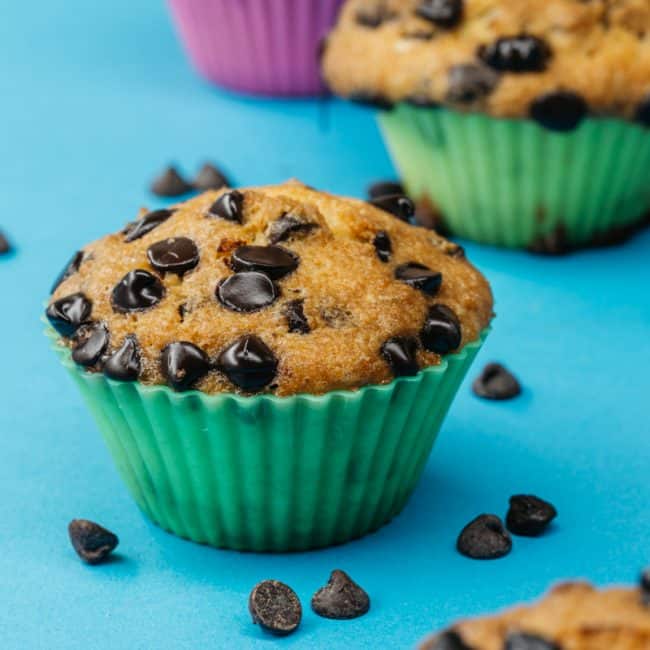 keto chocolate chip muffins center shot of gooey chocolate chip muffins