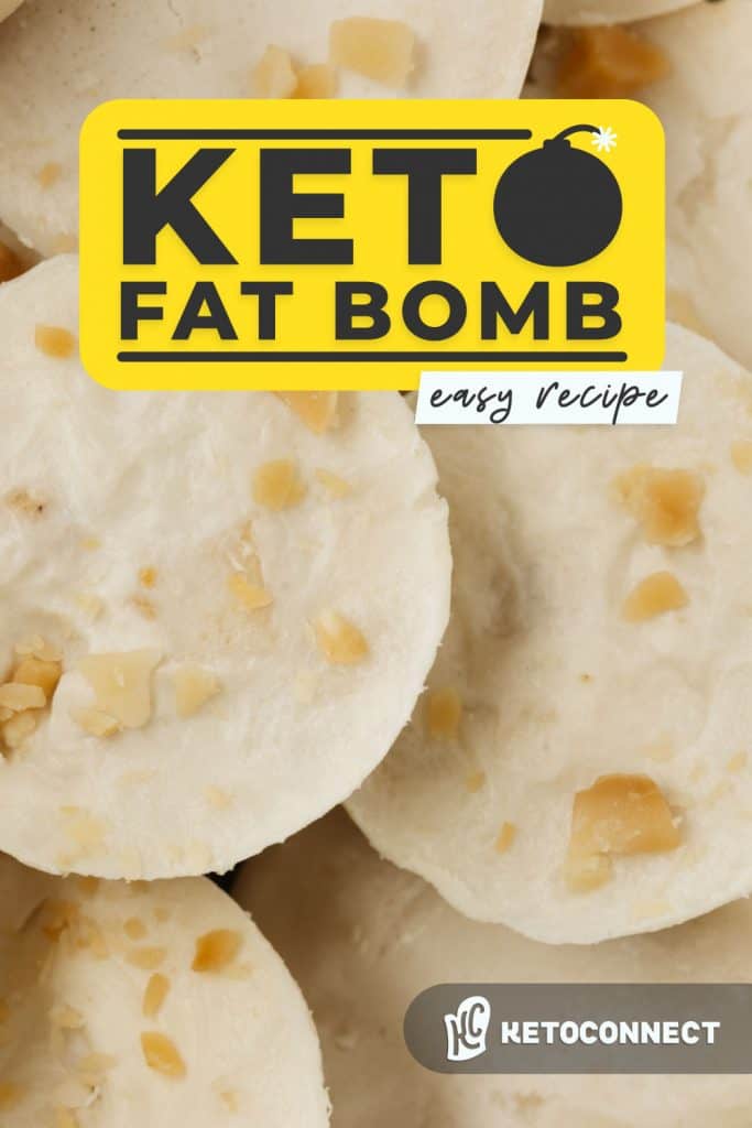 keto fat bombs close up stack of high fat bites with text overlay