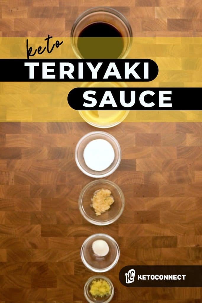 Ingredients for teriyaki sauce lined up in separate bowls on a wooden table