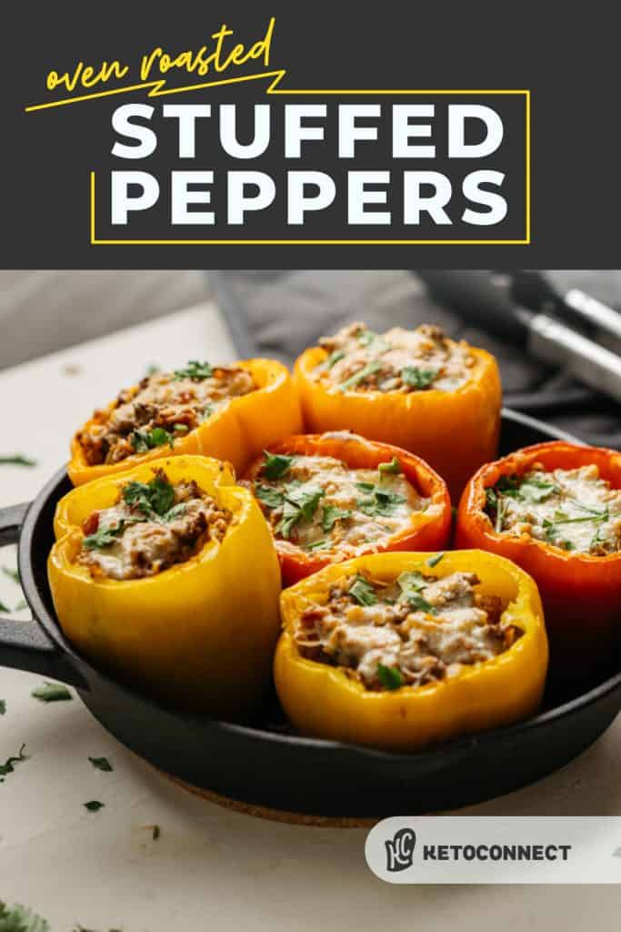Stuffed peppers in a cast iron pan with heading