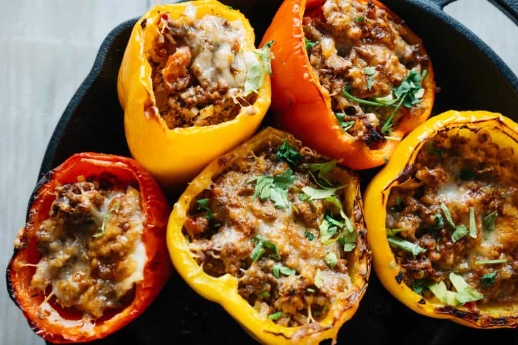 Close up of stuffed peppers from overhead