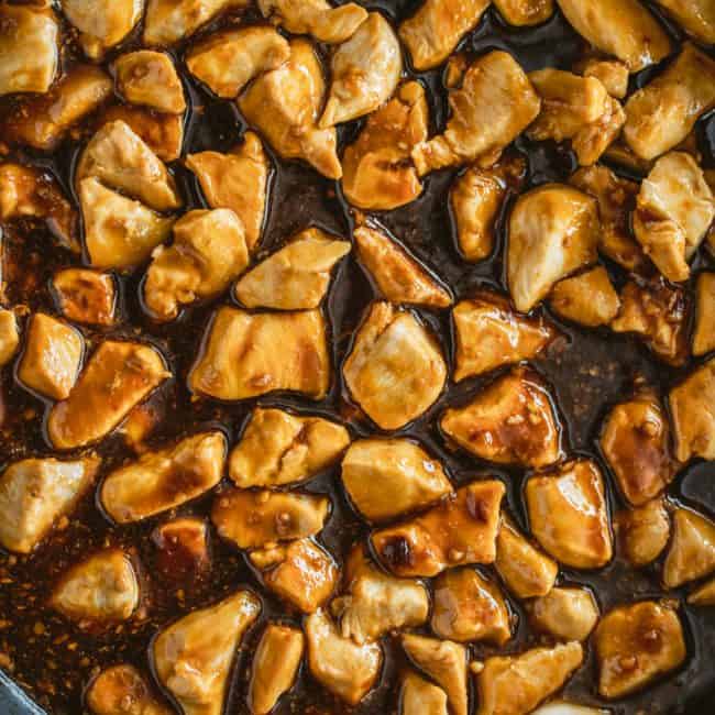 Keto Teriyaki Chicken Overhead shot of teriyaki chicken in a pan