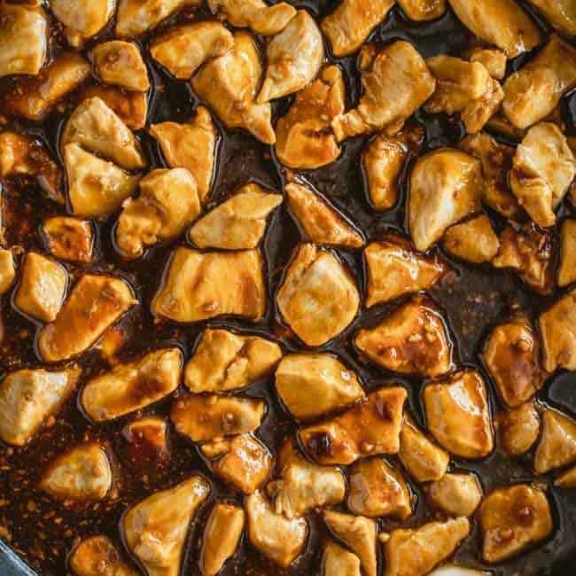 Overhead shot of teriyaki chicken in a pan