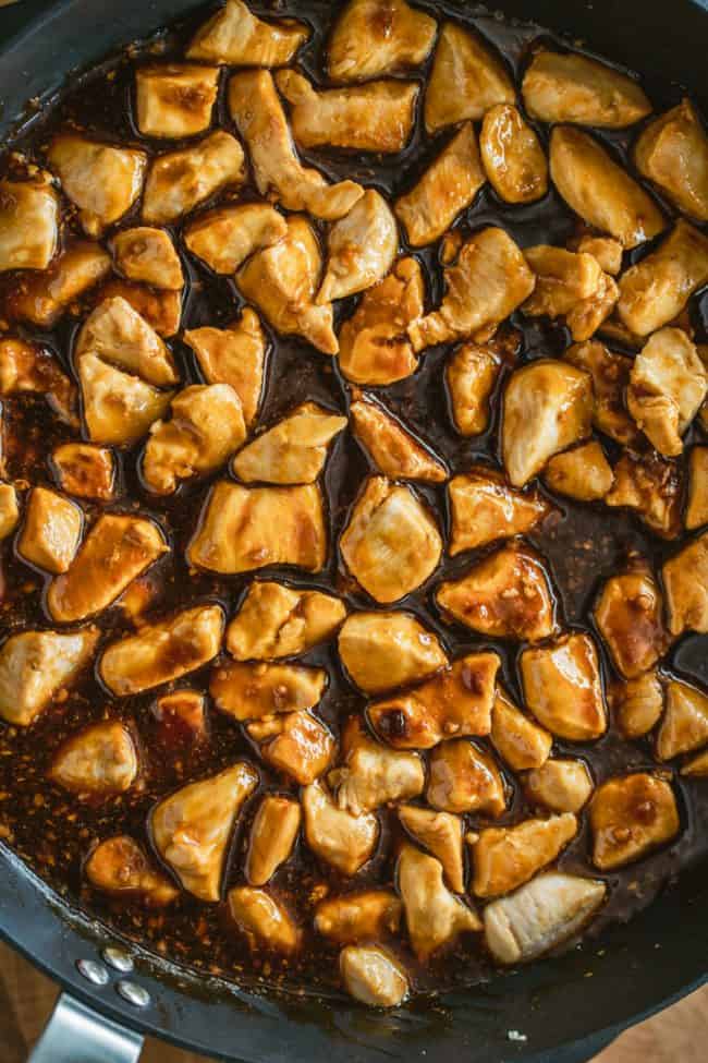 Overhead shot of teriyaki chicken in a pan