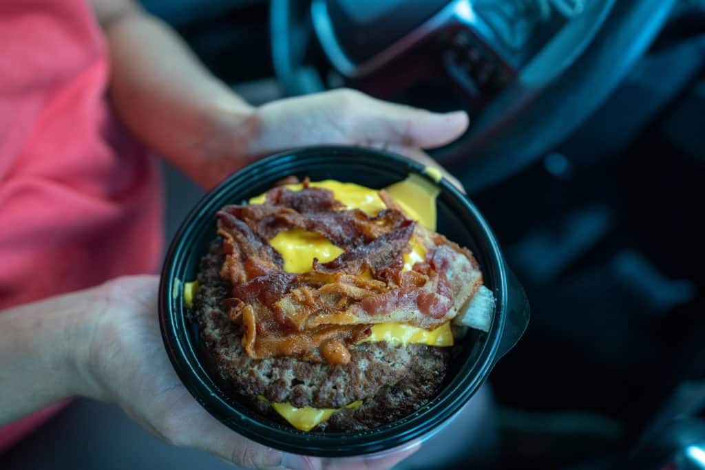 super sonic double bacon cheeseburger in a bowl without a bun
